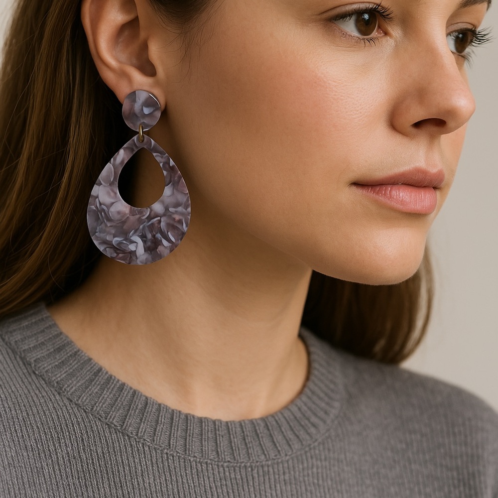 Grey Marble Resin Dangle Teardrop Post earrings 2.5” long